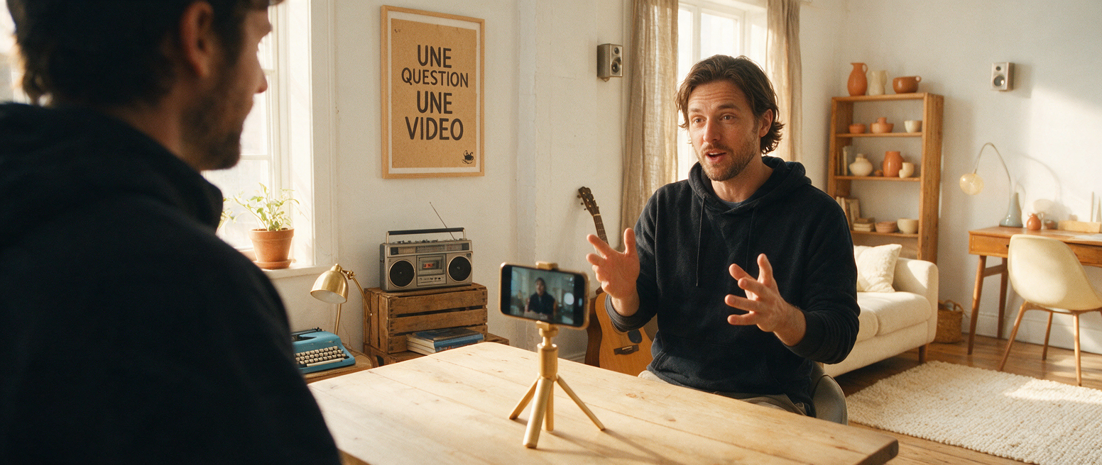 Premier tournage près d une fenêtre, affiche « Une question une vidéo » pour ta première vidéo TikTok