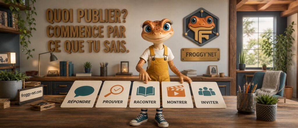Mini Froggy Teen présente cinq fonctions de contenu social : répondre, prouver, raconter, montrer et inviter.
