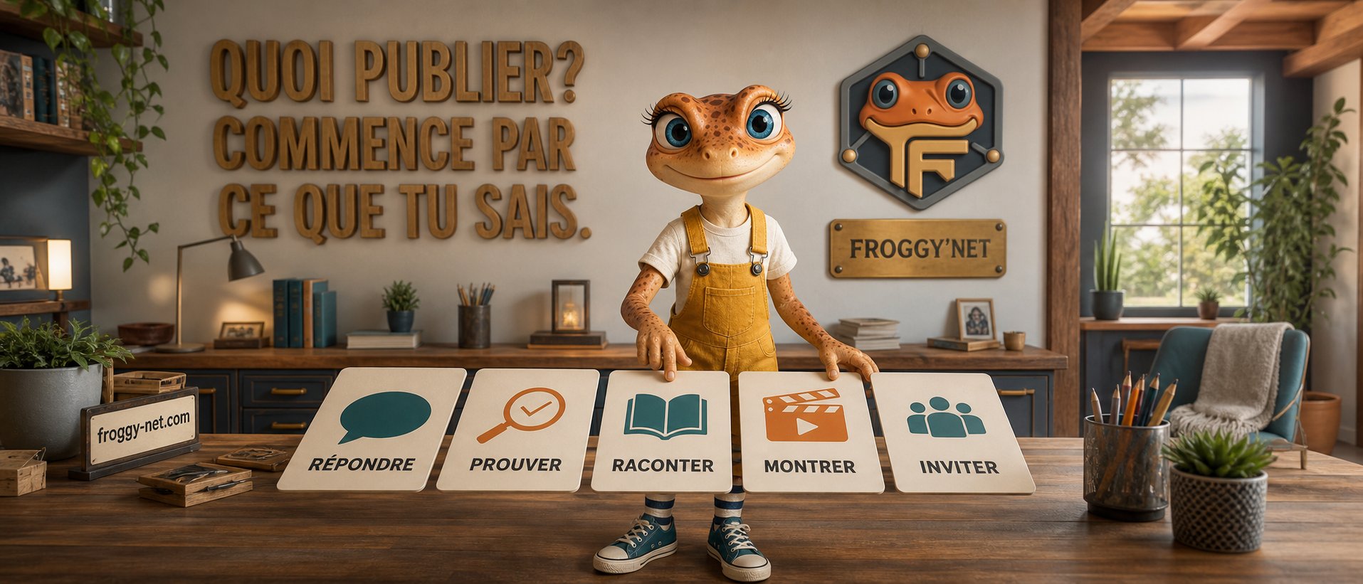 Mini Froggy Teen présente cinq fonctions de contenu social : répondre, prouver, raconter, montrer et inviter.