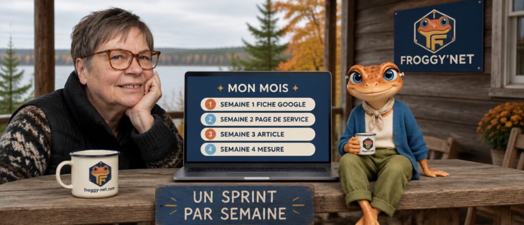 Accompagnement SEO mensuel au Québec : Valérie et Mini Froggy sur la galerie, le plan du mois à l'écran, un sprint par semaine