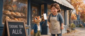 Agence ou pigiste pour les réseaux sociaux : Mini Froggy montre un téléphone à une boulangère, ardoise « Trouve ton allié »