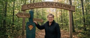Agence SEO ou faire soi-même : Valérie Payotte à un carrefour de sentiers des Laurentides, panneaux Toi-même et Agence sous l'arche Choisis ton chemin