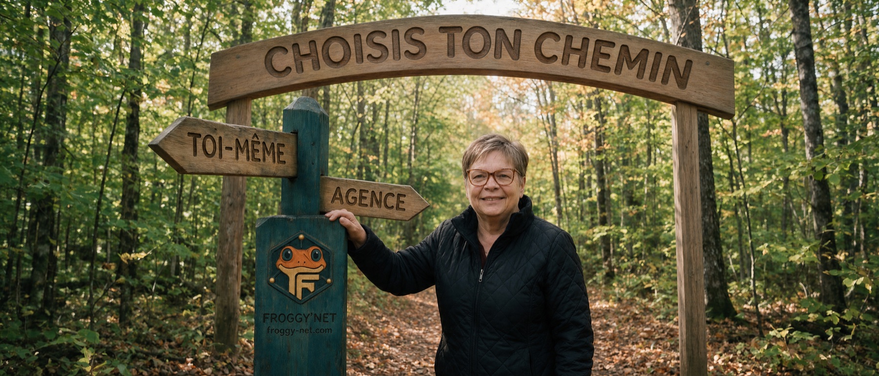 Agence SEO ou faire soi-même : Valérie Payotte à un carrefour de sentiers des Laurentides, panneaux Toi-même et Agence sous l'arche Choisis ton chemin