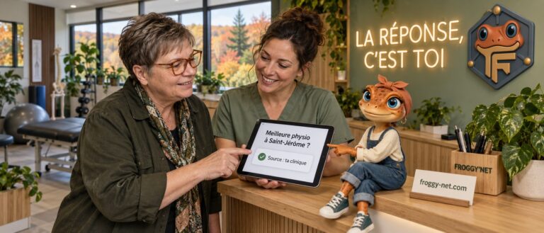 Clinique dans ChatGPT : Valérie et une physiothérapeute de Saint-Jérôme voient leur clinique citée en source, Mini Froggy pointe la tablette