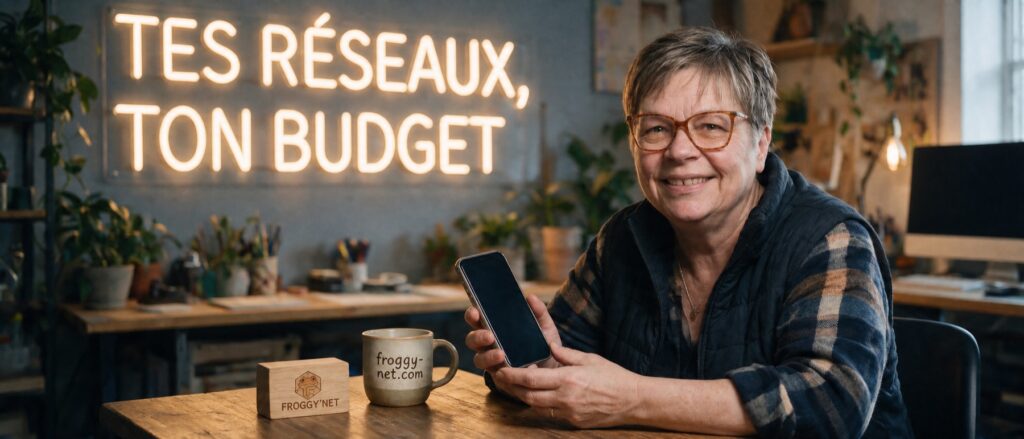 Combien coûte la gestion des réseaux sociaux au Québec : Valérie avec son cellulaire sous le néon « Tes réseaux, ton budget »
