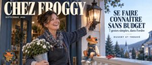 Faire connaître son entreprise sans budget : une commerçante des Laurentides rit en allumant la lanterne de son perron, une du magazine Chez Froggy