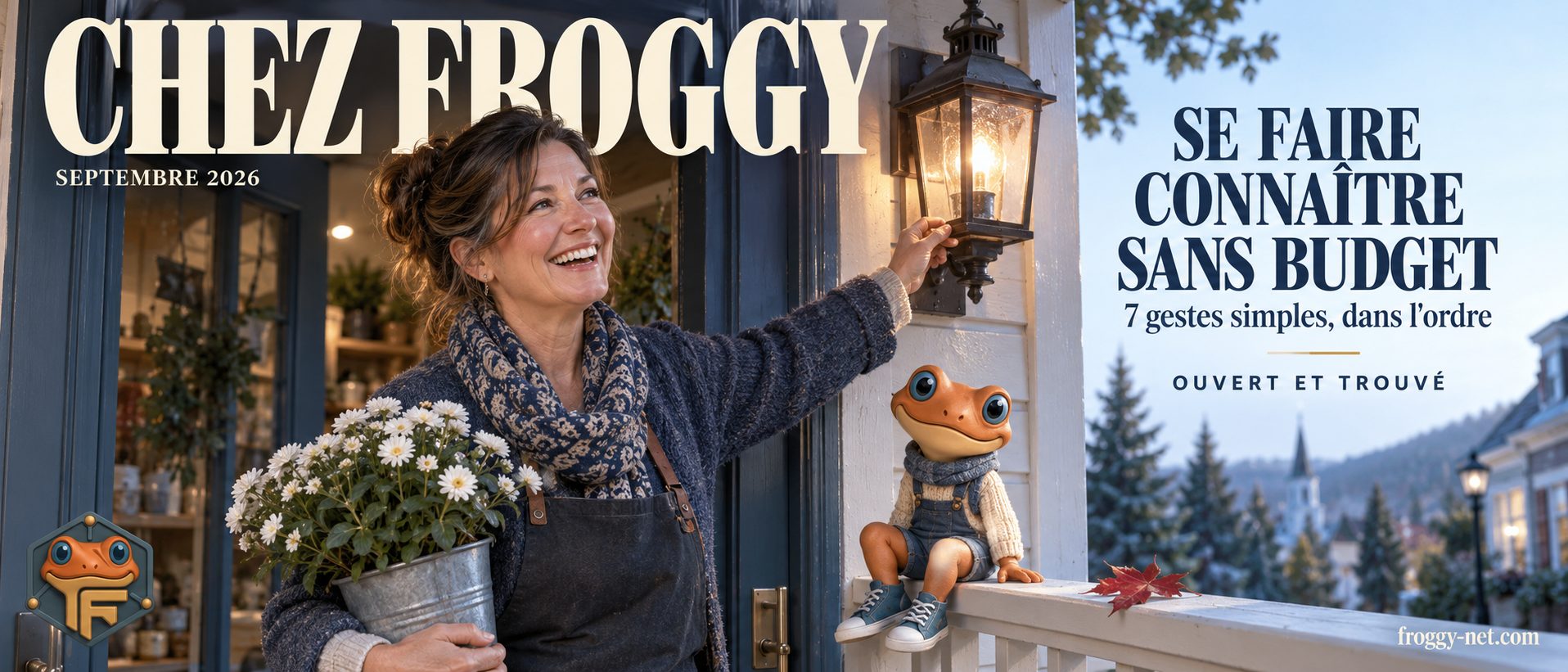 Faire connaître son entreprise sans budget : une commerçante des Laurentides rit en allumant la lanterne de son perron, une du magazine Chez Froggy