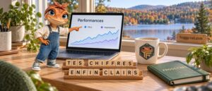 Comment lire Google Search Console : Mini Froggy montre la courbe des clics et des impressions devant un lac des Laurentides