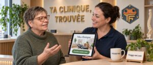Marketing pour clinique au Québec : Valérie et une chiropraticienne regardent la page de rendez-vous de la clinique