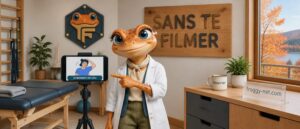 Vidéo réseaux sociaux clinique : Mini Froggy montre une vidéo de prévention sur un téléphone, sans tournage, dans une clinique des Laurentides