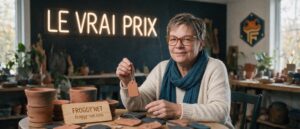 Combien coûte le SEO au Québec : Valérie tient une étiquette de prix sous une enseigne néon « Le vrai prix »