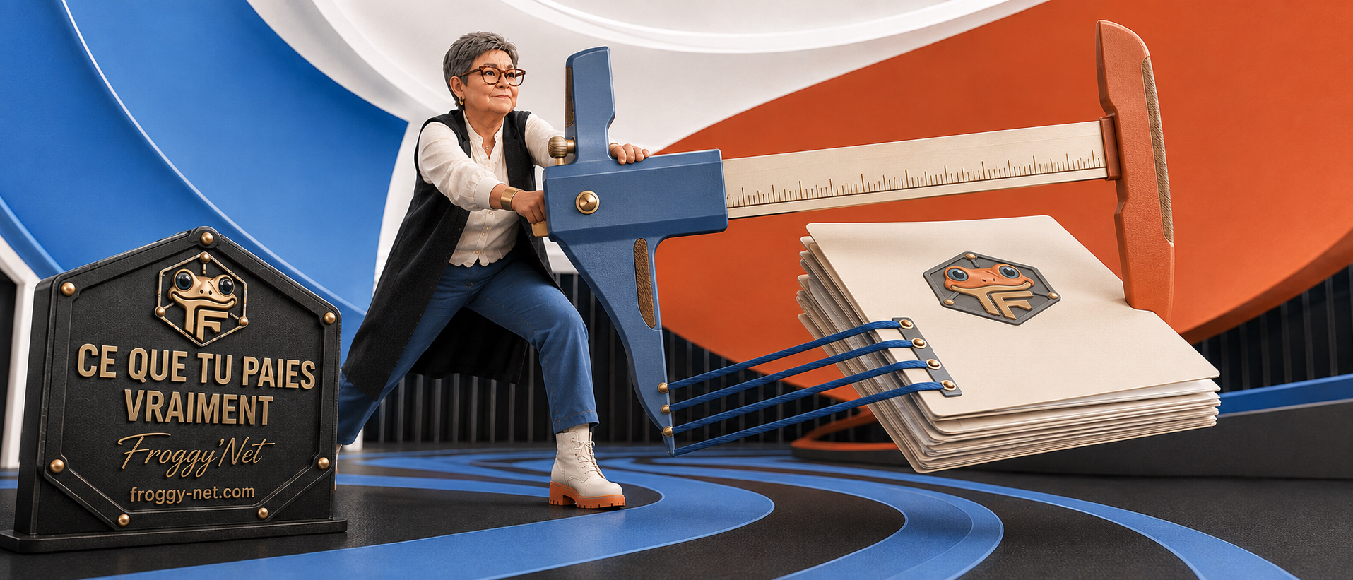 Valérie mesure en action une pile de livrables avec un grand compas 3D pour montrer ce qui compose réellement le coût d’un accompagnement marketing.