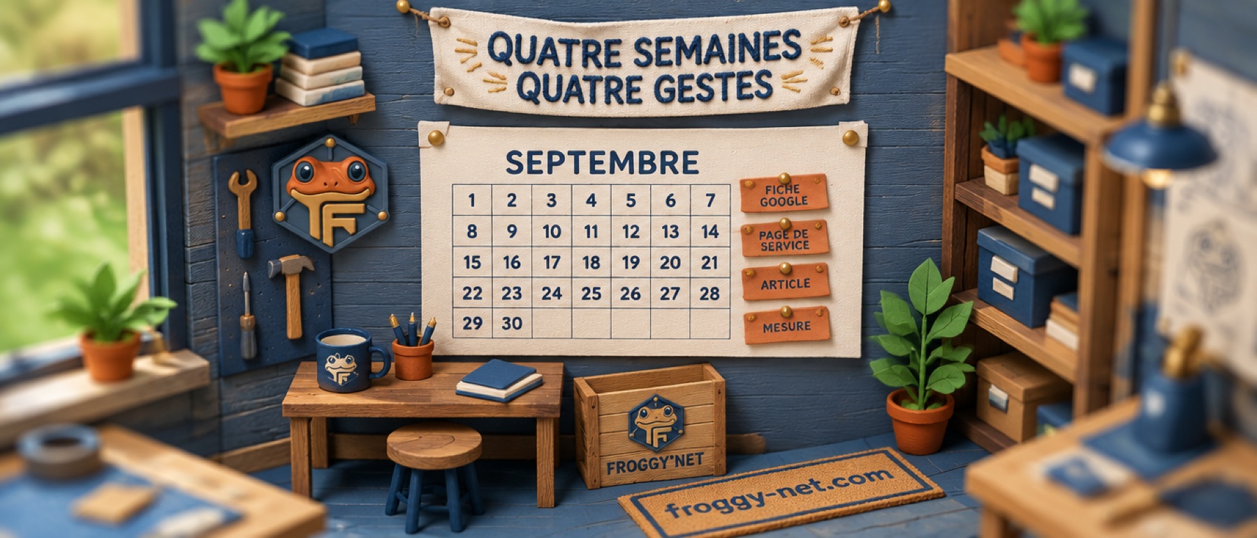 Accompagnement SEO mensuel au Québec : calendrier de septembre en diorama avec fiche Google, page de service, article et mesure