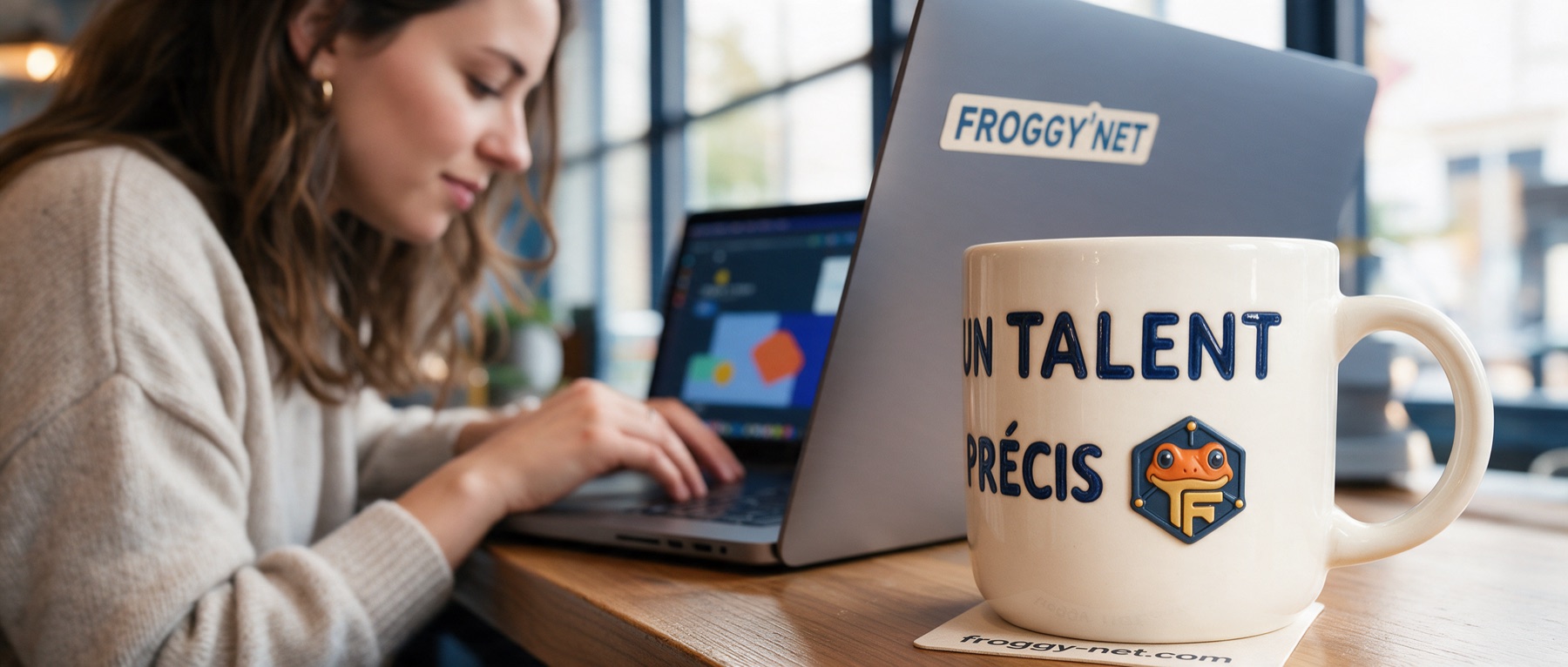 Agence ou pigiste pour les réseaux sociaux : une pigiste crée un visuel Instagram dans un café, tasse « Un talent précis »