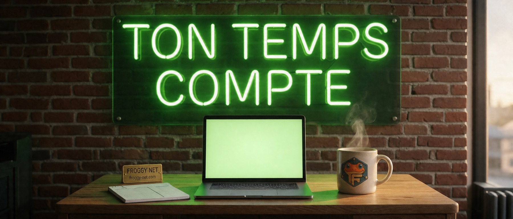 Agence SEO ou faire soi-même : néon vert Ton temps compte au-dessus d'un bureau de PME
