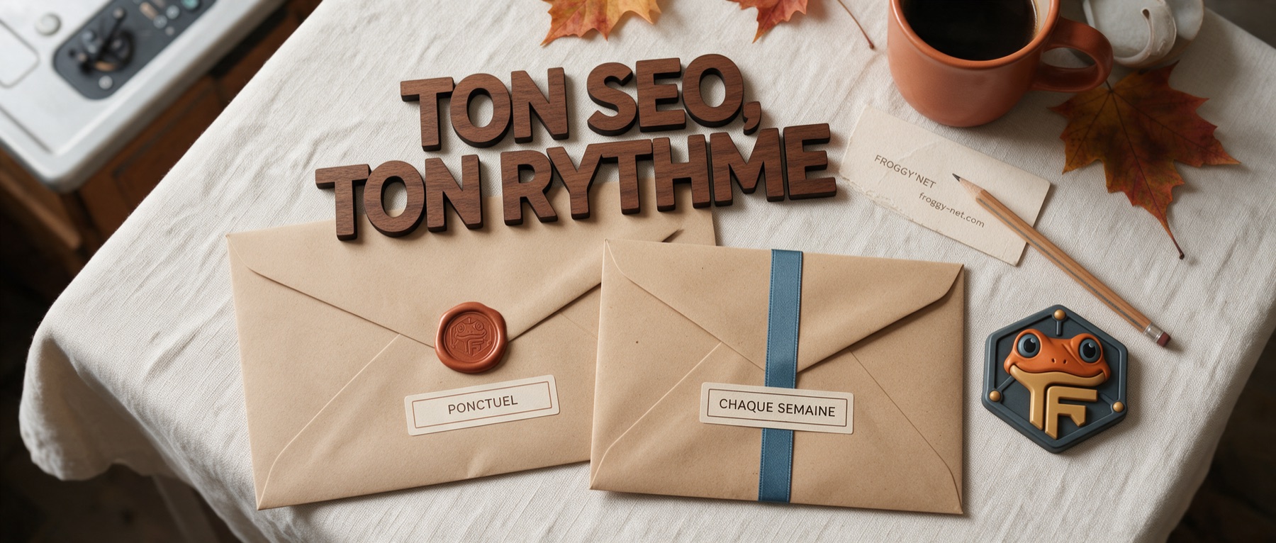 Deux enveloppes « Ponctuel » et « Chaque semaine » sous le slogan en bois « Ton SEO, ton rythme »