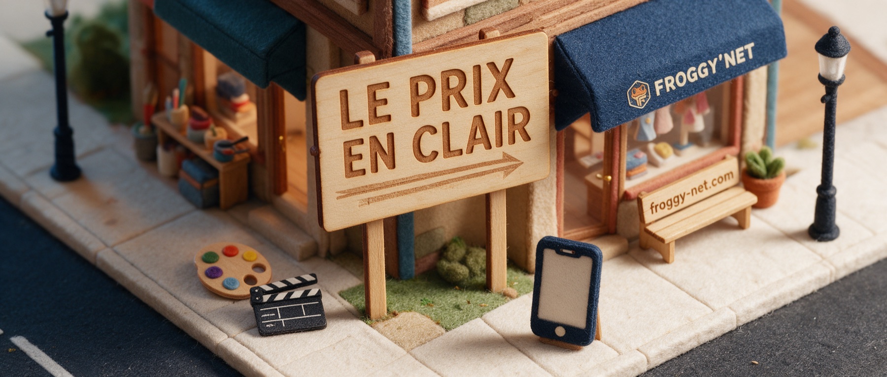 Diorama d'un coin de rue de PME avec l'enseigne en bois « Le prix en clair »