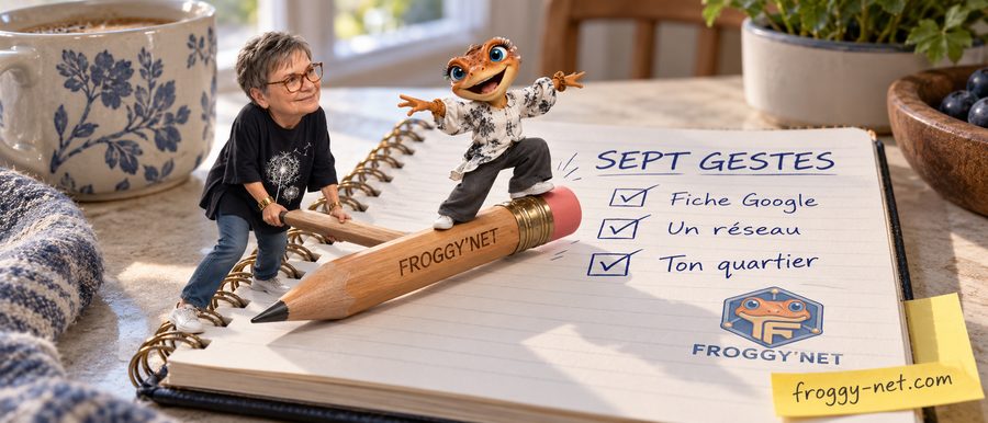 Faire connaître son entreprise sans budget : mini Valérie et Mini Froggy cochent les sept gestes dans un carnet