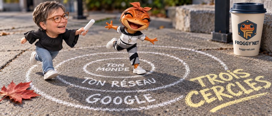 Trouver ses premiers clients : trois cercles à la craie, ton monde, ton réseau et Google, avec Mini Froggy qui saute de l'un à l'autre