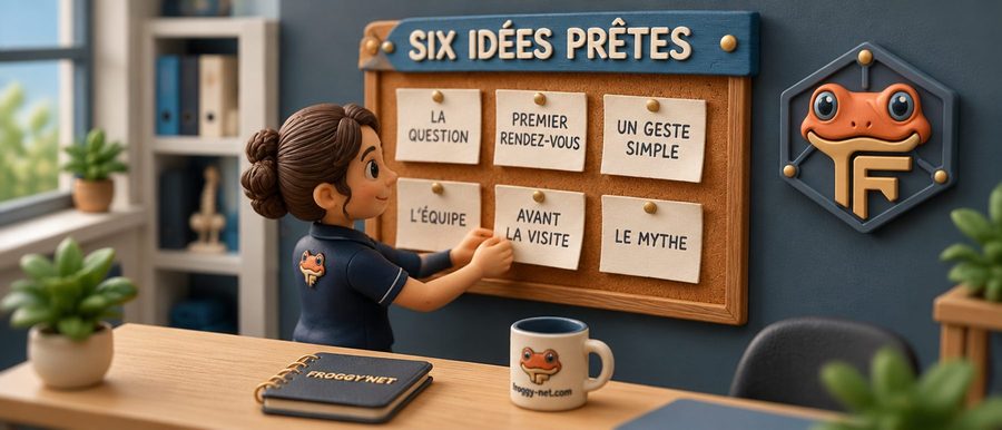 Vidéo réseaux sociaux clinique : une physiothérapeute épingle six idées de vidéos au tableau de liège, bannière « Six idées prêtes »