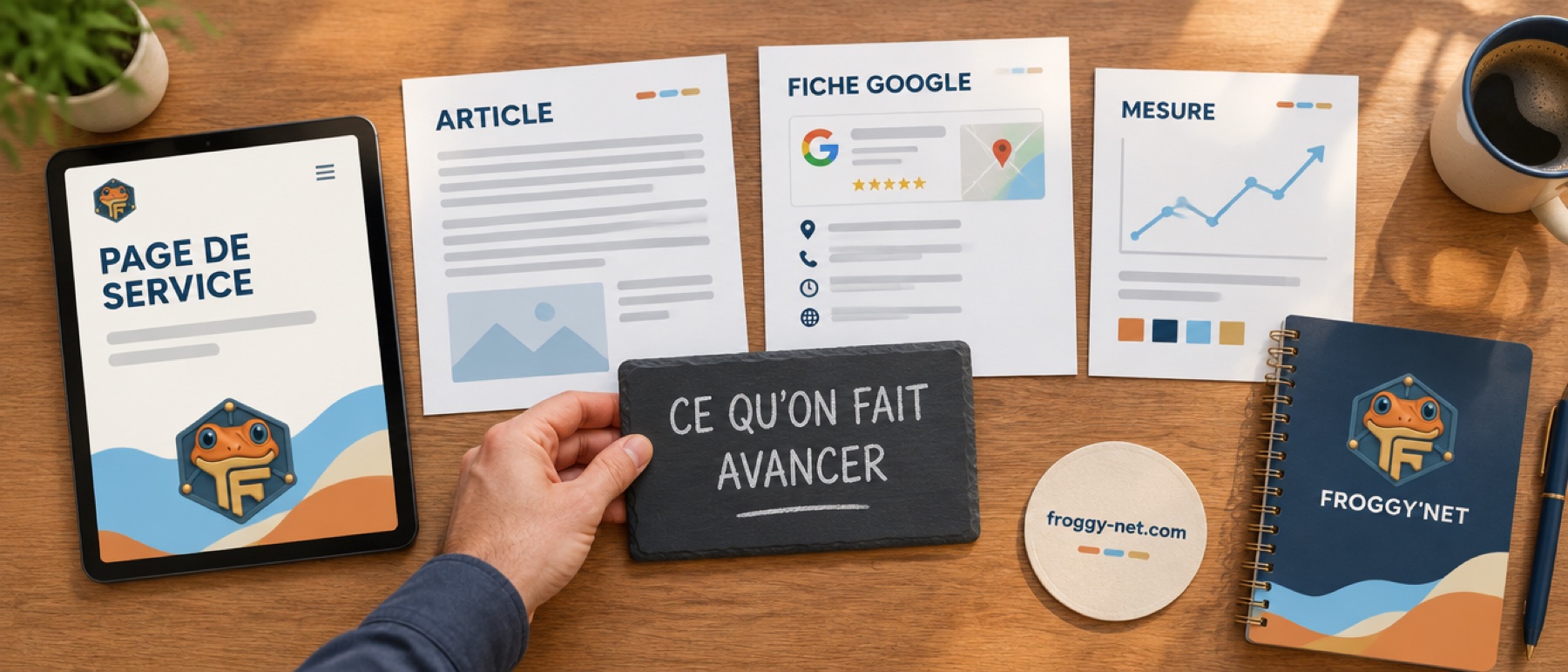 Ce qu'un mini-sprint d'accompagnement SEO mensuel fait avancer : page de service, article, fiche Google et mesure