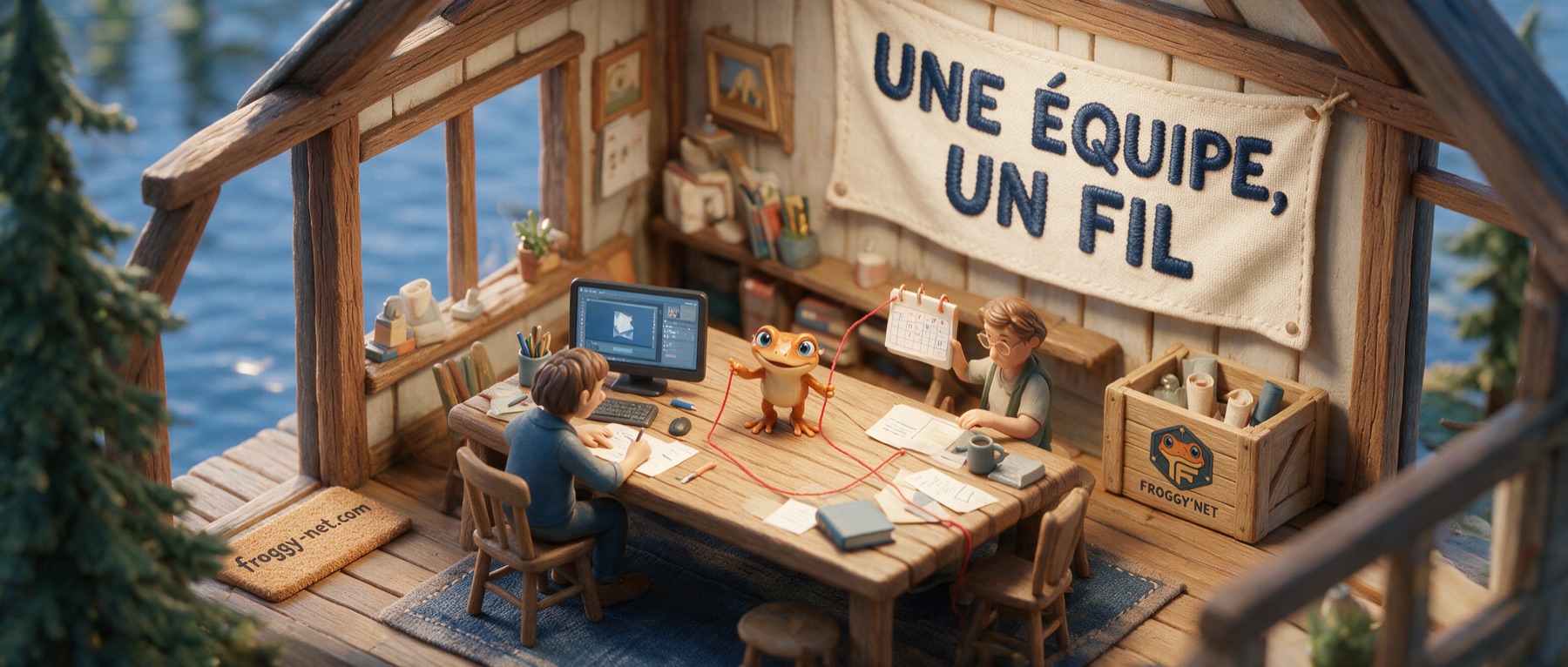 Diorama d'une petite équipe reliée par un fil rouge, Mini Froggy au centre, banderole « Une équipe, un fil »