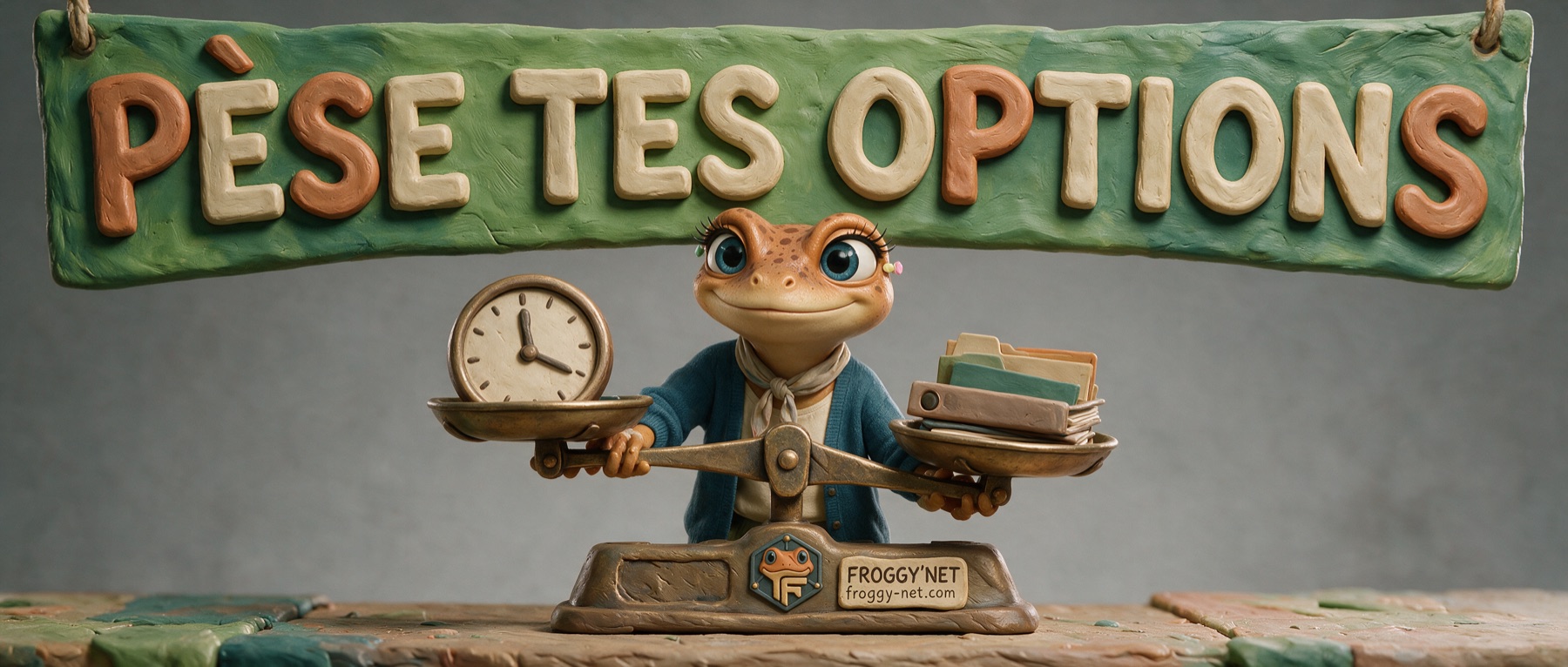 Agence SEO ou faire soi-même : Mini Froggy en pâte à modeler équilibre une balance entre une horloge et des dossiers, bannière Pèse tes options