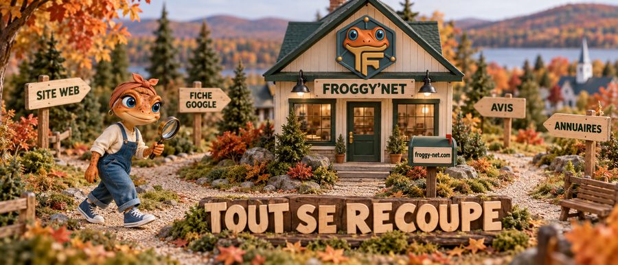 Clinique dans ChatGPT : diorama d'une clinique des Laurentides où se rejoignent le site web, la fiche Google, les avis et les annuaires