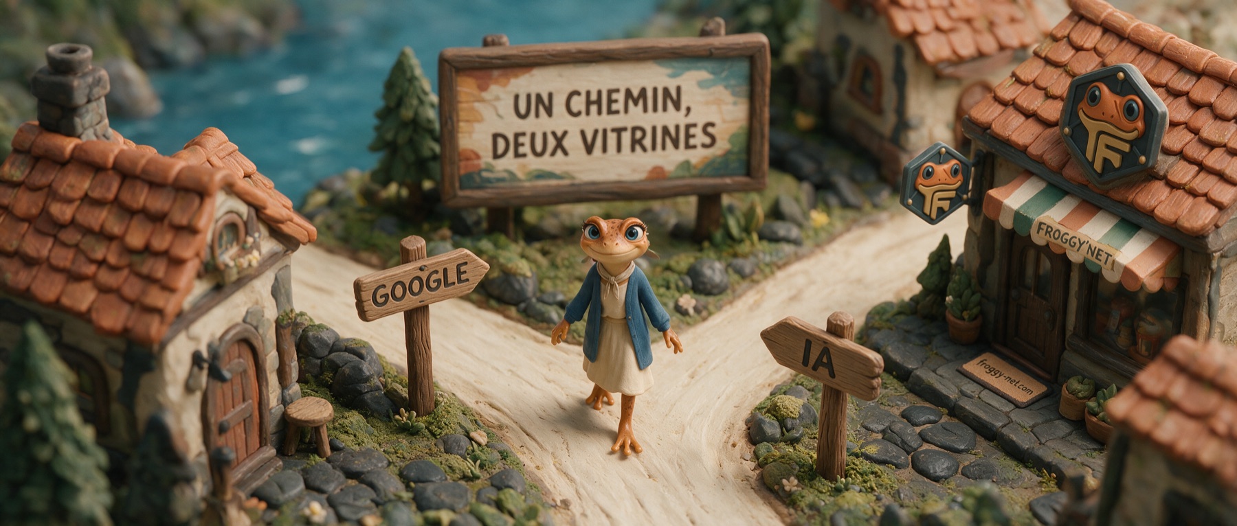 Diorama : Mini Froggy devant deux panneaux Google et IA, sous l'affiche « Un chemin, deux vitrines »