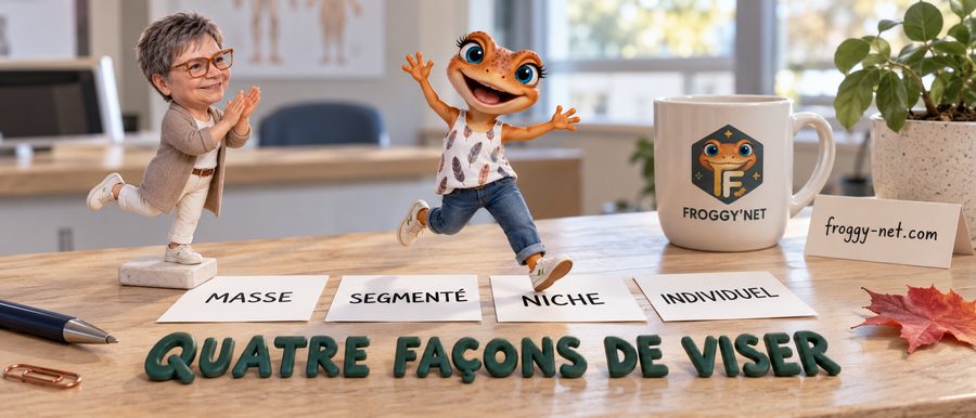Les 4 types de marketing santé : Mini Froggy saute sur quatre fiches, masse, segmenté, niche et individuel