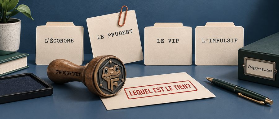 Les 4 profils de clients sur des fiches : l'économe, le prudent, le VIP et l'impulsif, pour trouver ses premiers clients