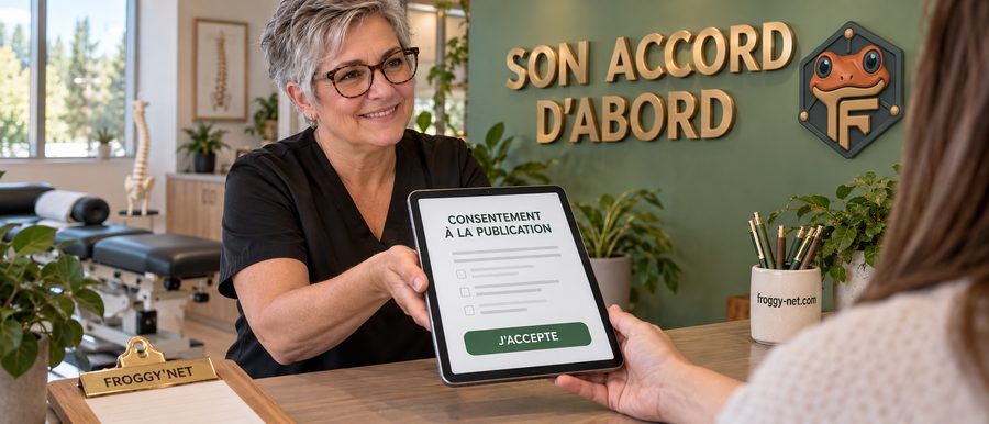 Réseaux sociaux clinique loi 25 : formulaire de consentement à la publication sur une tablette, à l'accueil d'une clinique de Saint-Jérôme