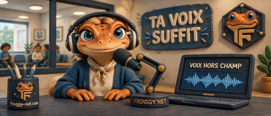Vidéo réseaux sociaux clinique sans se filmer : Mini Froggy enregistre une voix hors champ à la réception, affiche « Ta voix suffit »