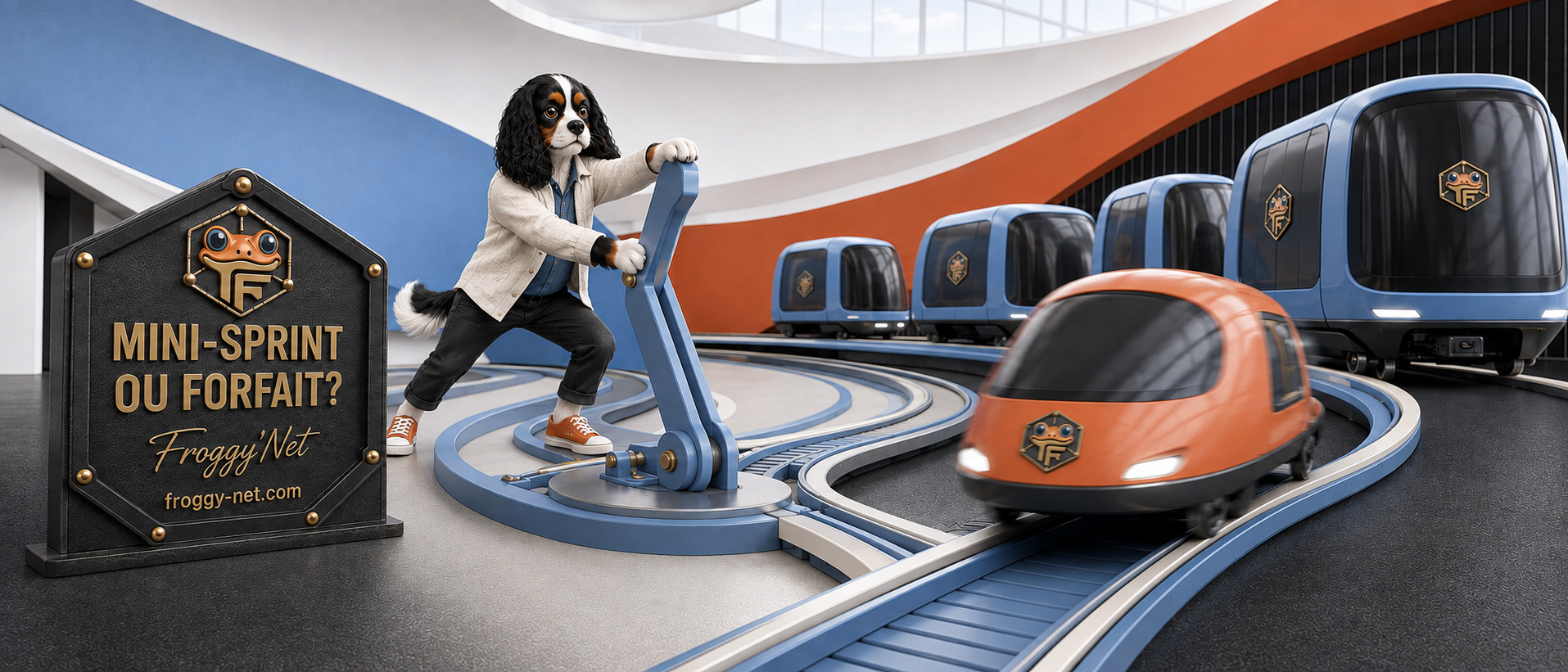 Baloo actionne un aiguillage 3D entre un véhicule Mini-sprint rapide et quatre véhicules de capacité mensuelle croissante.