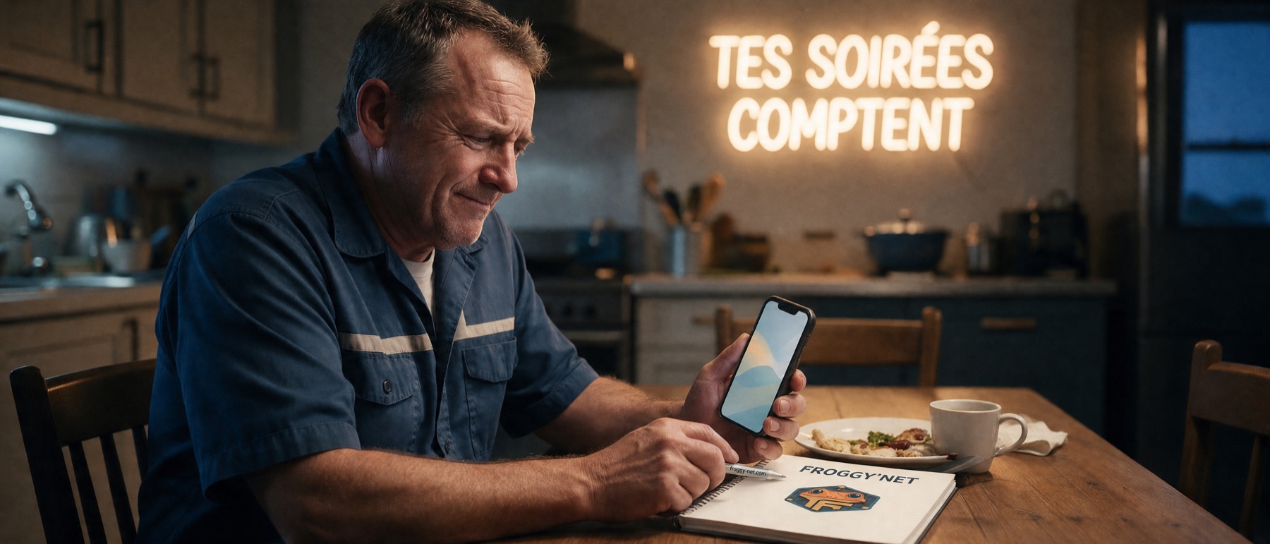 Un plombier écrit sa publication Facebook le soir à la table de cuisine, néon « Tes soirées comptent »