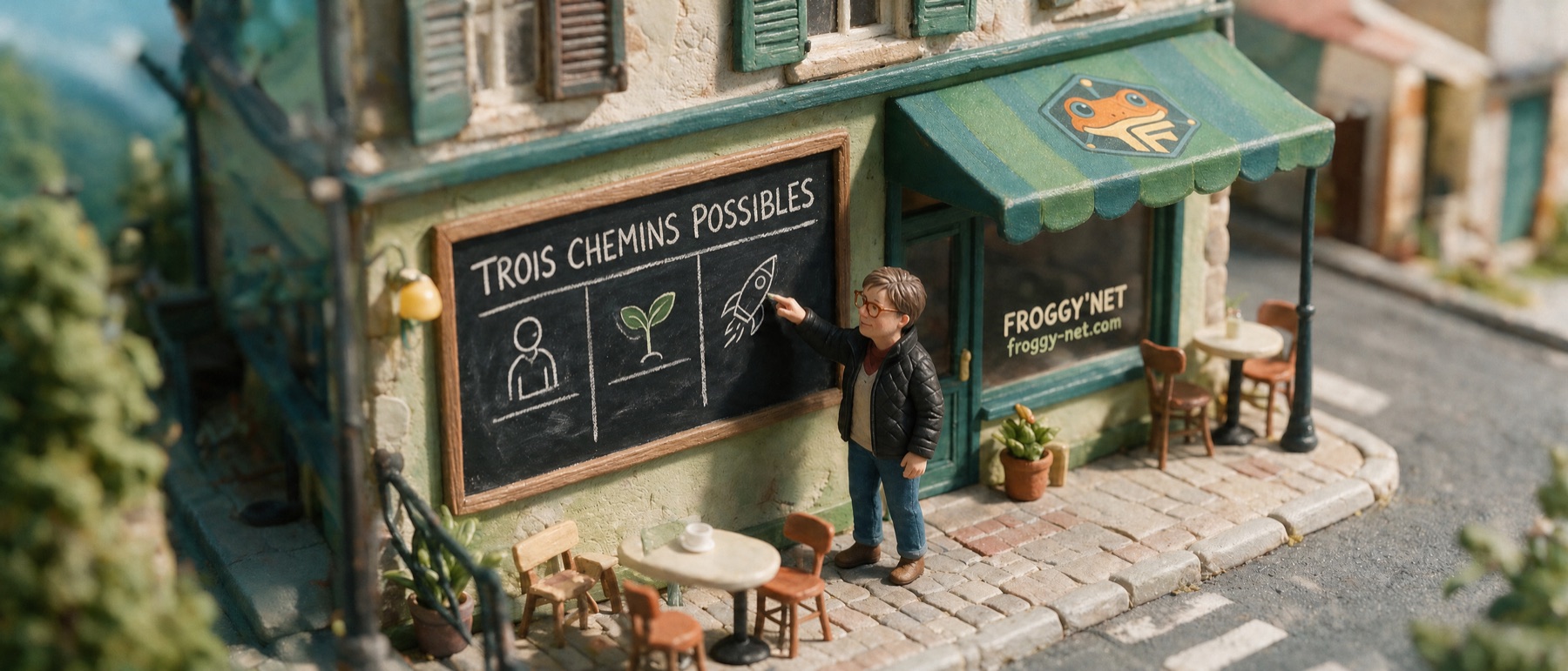 Agence SEO ou faire soi-même : diorama d'un café des Laurentides, Valérie devant l'ardoise Trois chemins possibles