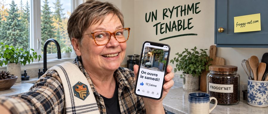 Faire connaître son entreprise sur les réseaux sociaux : Valérie montre une publication dans sa cuisine des Laurentides