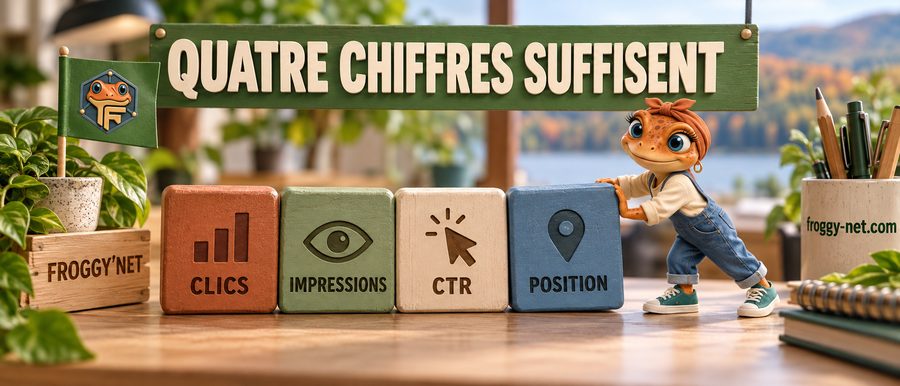 Comment lire Google Search Console : Mini Froggy aligne les 4 chiffres, clics, impressions, CTR et position