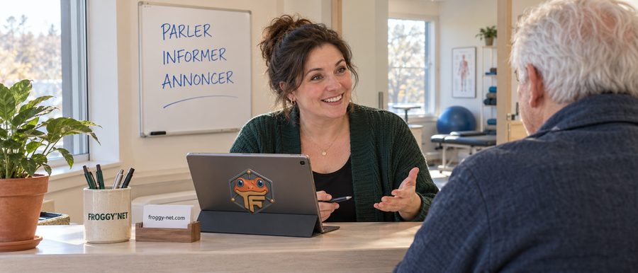 Communication en santé : une réceptionniste de clinique des Laurentides informe un patient au comptoir