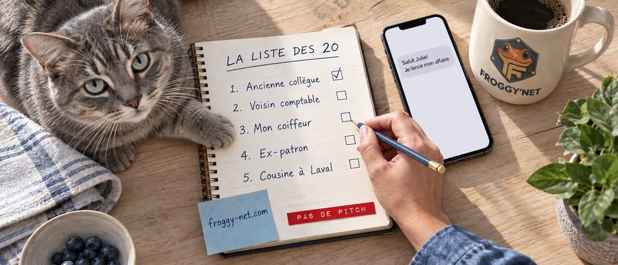 La liste des 20 dans un carnet pour trouver ses premiers clients, avec un message à Julie sur le téléphone