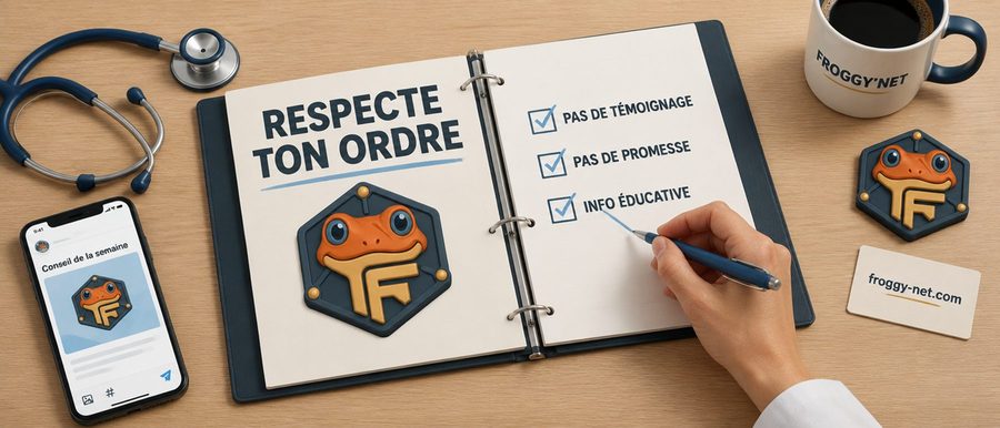 Vidéo réseaux sociaux clinique : cahier des règles de l'ordre professionnel, liste cochée pas de témoignage, pas de promesse, info éducative