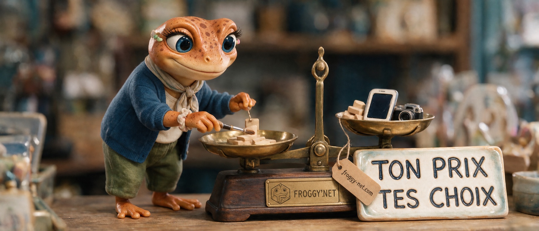 Mini Froggy pose un pinceau sur une balance ancienne, plaque en céramique « Ton prix, tes choix », les facteurs qui font varier le prix