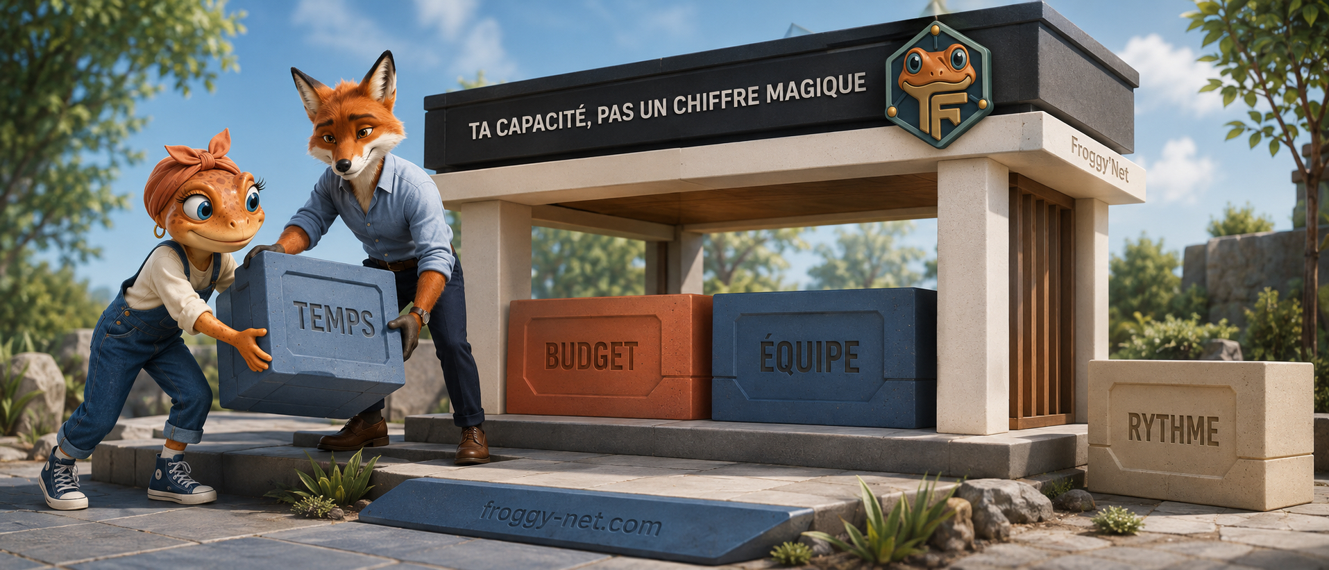 Mini Froggy et Félix assemblent une architecture modulaire qui représente le temps, le budget, l'équipe et le rythme soutenables chaque mois.