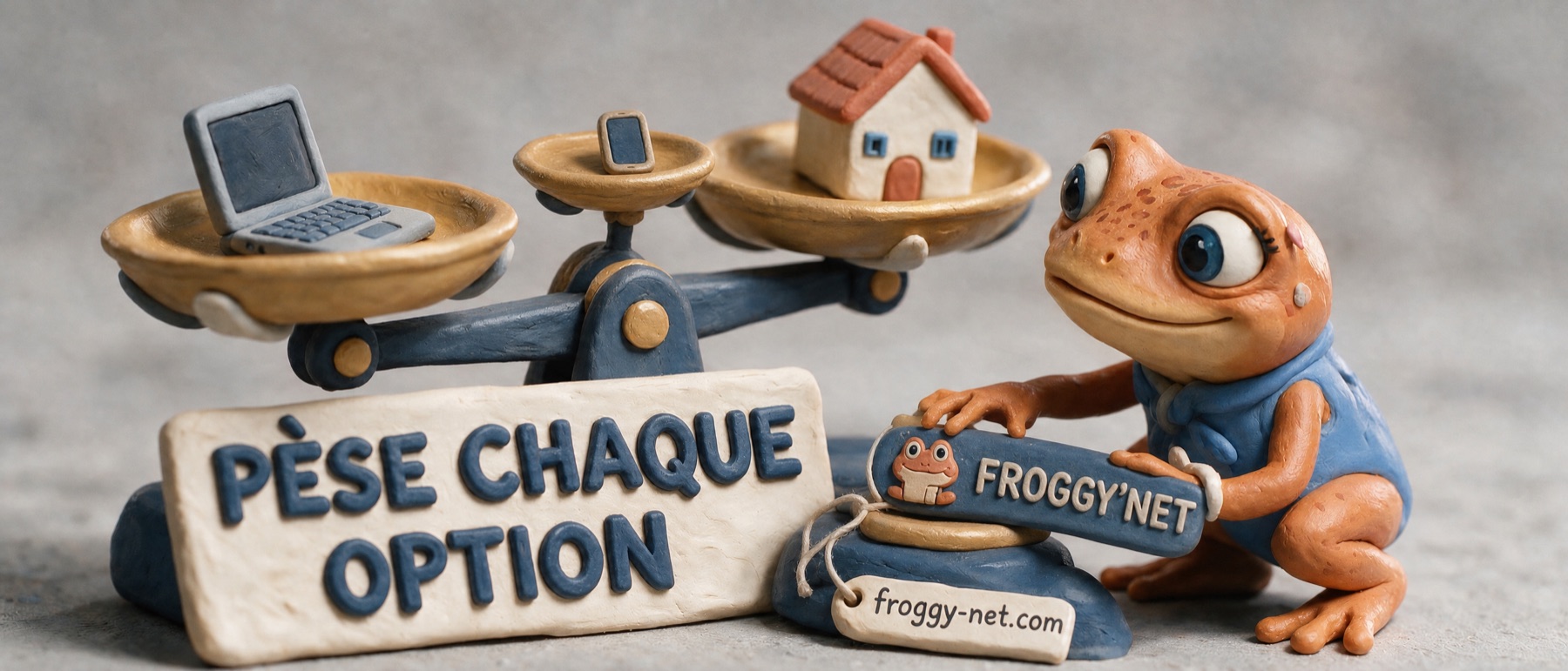Mini Froggy en pâte à modeler compare trois options sur une balance, plaque « Pèse chaque option »