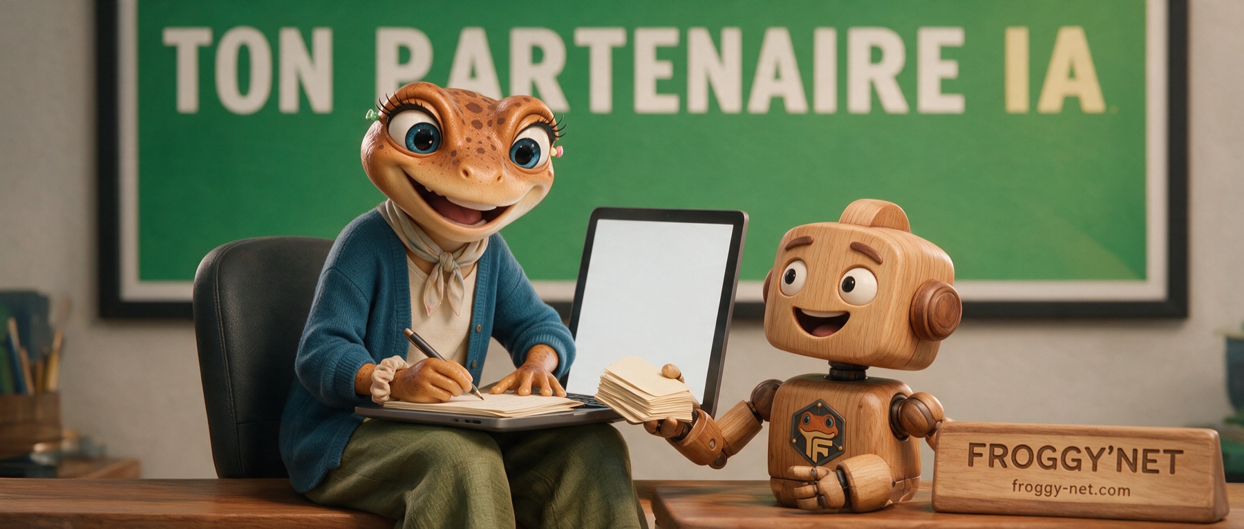 Agence SEO ou faire soi-même avec un partenaire IA : Mini Froggy et un petit robot de bois, affiche Ton partenaire IA