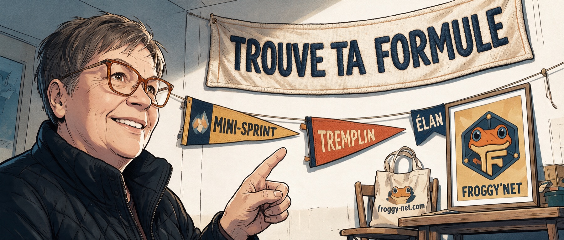 Valérie en BD pointe les fanions Mini-sprint, Tremplin et Élan sous la banderole « Trouve ta formule »