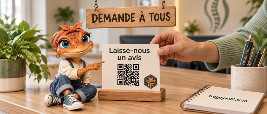 Marketing pour clinique au Québec : un carton avec code QR à l'accueil pour demander un avis Google sans incitatif