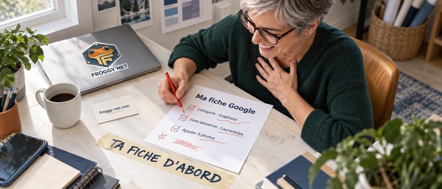 Travailleuse autonome dans les Laurentides qui corrige sa fiche Google pour trouver ses premiers clients