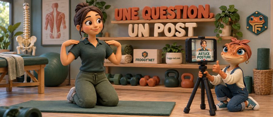 Réseaux sociaux clinique loi 25 : contenu éducatif, une physiothérapeute filme une astuce de posture avec Mini Froggy