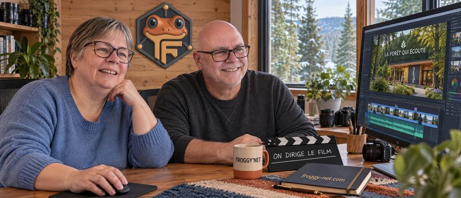Vidéo réseaux sociaux clinique au Studio vidéo : Valérie et Daniel montent le film « La Forêt Qui Écoute », claquette « On dirige le film »